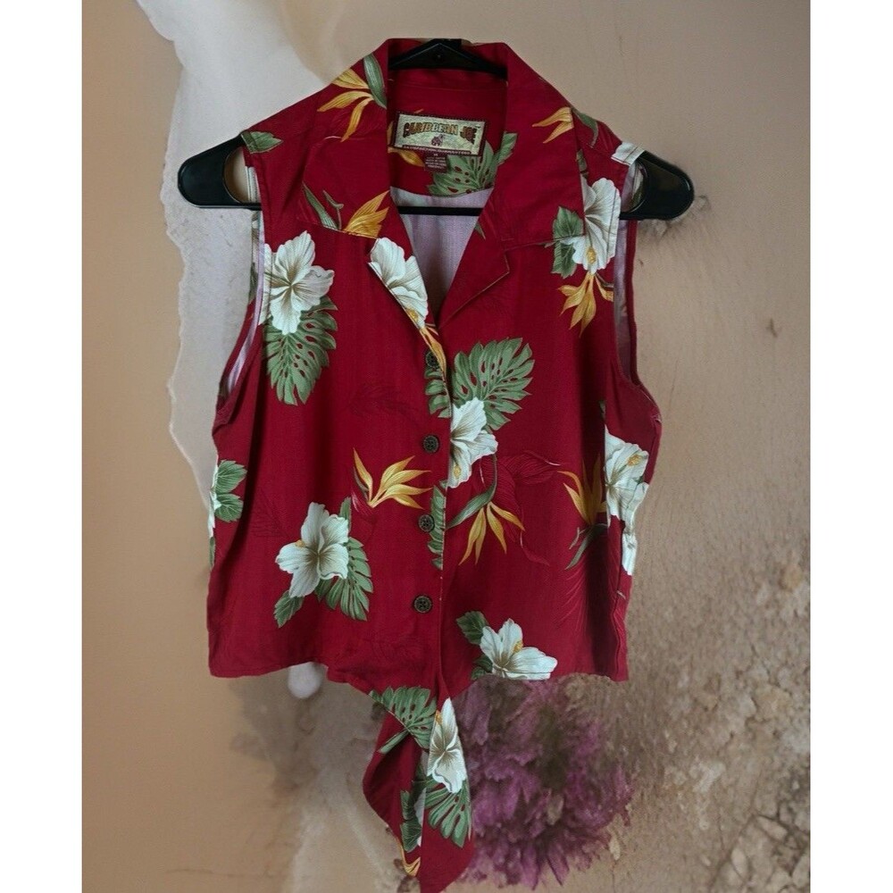 Caribbean Joe Women’s Button Front Tie Red Hawaiian Sleeveless Top Size M